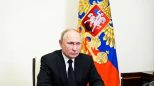 Russia’s President Vladimir Putin delivers his address in Moscow
