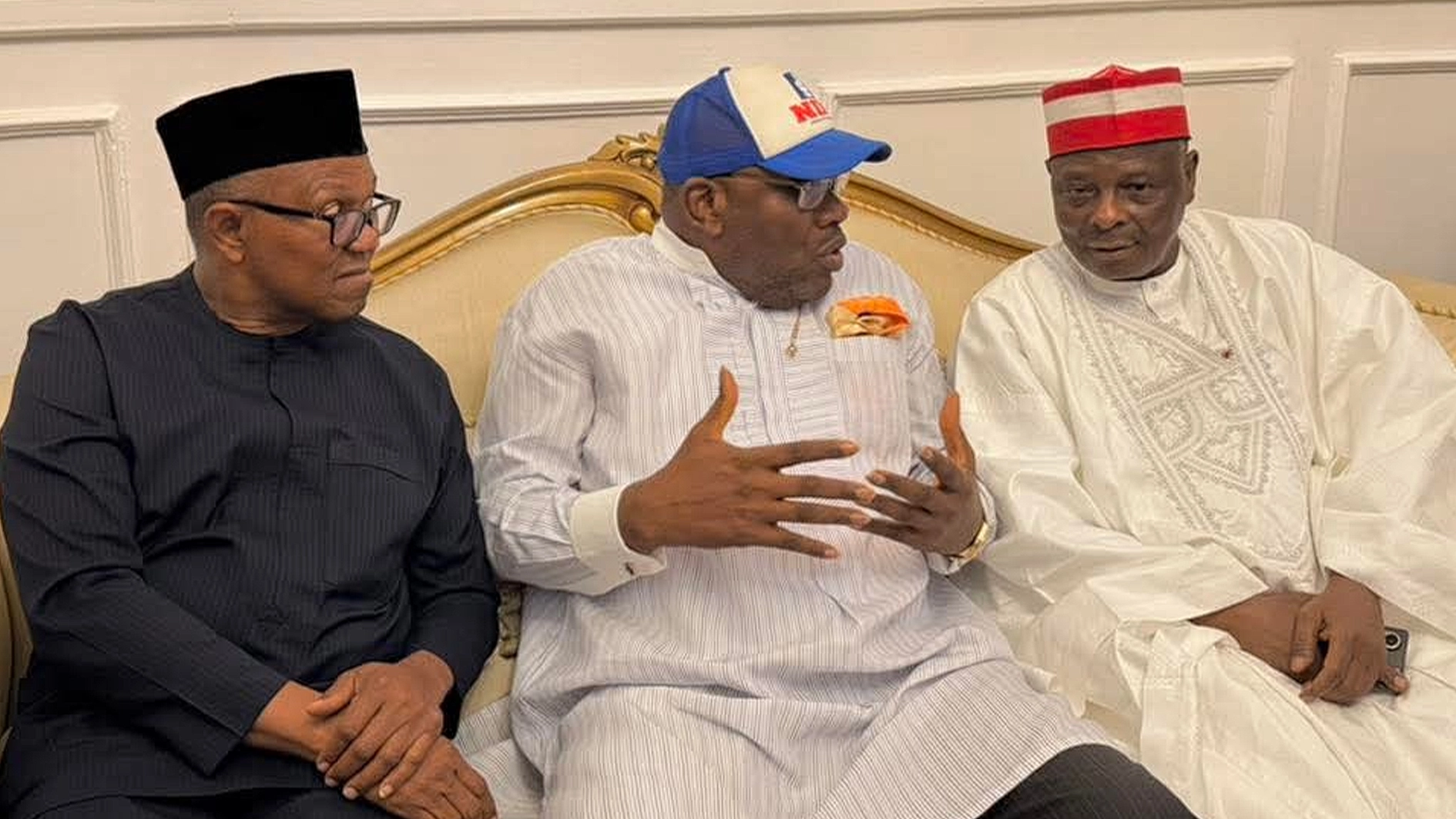 Former Governor of Anambra State, Peter Obi (left); past Governor of Bayelsa State and Founder, Nigerian Democratic Congress (NDC), Seriake Dickson and former Governor of Kano State, Rabiu Kwankwaso, during their visit to the residence of Dickson in Abuja, yesterday.  