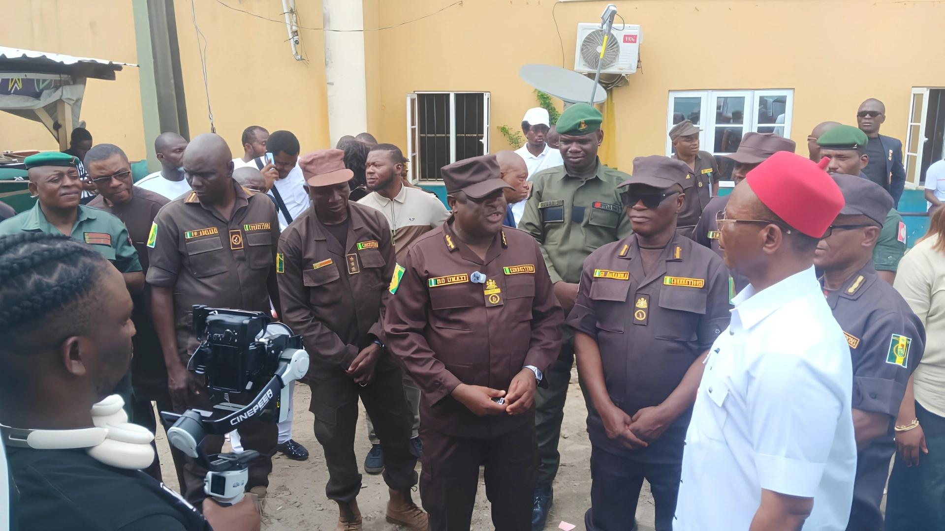 Founder and CEO of Chisco Group Nigeria Limited, Chief Chidi Anyaegbu, meets Assistant Controller-General of Corrections in charge of Zone A, Raphael Ogaba Unazi; Controller of Corrections, Lagos State Command, Daramola George; and Officer in Charge of the Ikoyi Medium Security Custodial Centre, Julius Ogueri, during the presentation of two Mercedes-Benz buses to the Medium Security Custodial Centre, Ikoyi, Lagos.