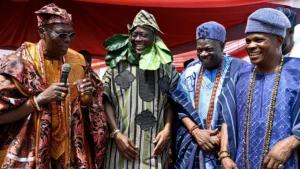 Eleruwa of Eruwaland, Oba Samuel Adegbola (left); Oyo State Governor and Allied Peoples Movement presidential candidate, Seyi Makinde; Olu of Igboora, Oba Jimoh Titiloye, and Asigangan of Igangan, Oba Rafiu Adeniyi, during the installation of Makinde and his wife as Aare and Yeye Aare Asoludero of Ibarapaland, held at the Eleruwa Palace, Eruwa, at the weekend.
