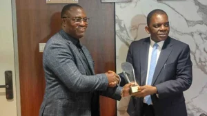 President of MARCON, Ismail Aniemu (left) and Director General of NPERA, Dr Pius Akutah at the NPERA Headquarters in Lagos.