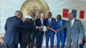 FIFA President, Gianni Infantino (middle), NSC Chairman, Shehu Dikko (third left) and other members of the Nigerian delegation at the FIFA Headquarters, Zurich, Switzerland, yesterday.