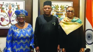 Director-General, World Trade Organisation (WTO), Ngozi Okonjo-Iweala (left); Vice President, Kashim Shettima and Minister of Industry, Trade and Investment, Dr. Jumoke Oduwole, after a meeting on global trade issues and their impact on Nigeria and Africa, on the sidelines of the just concluded BRICS held in Delhi, India…recently.