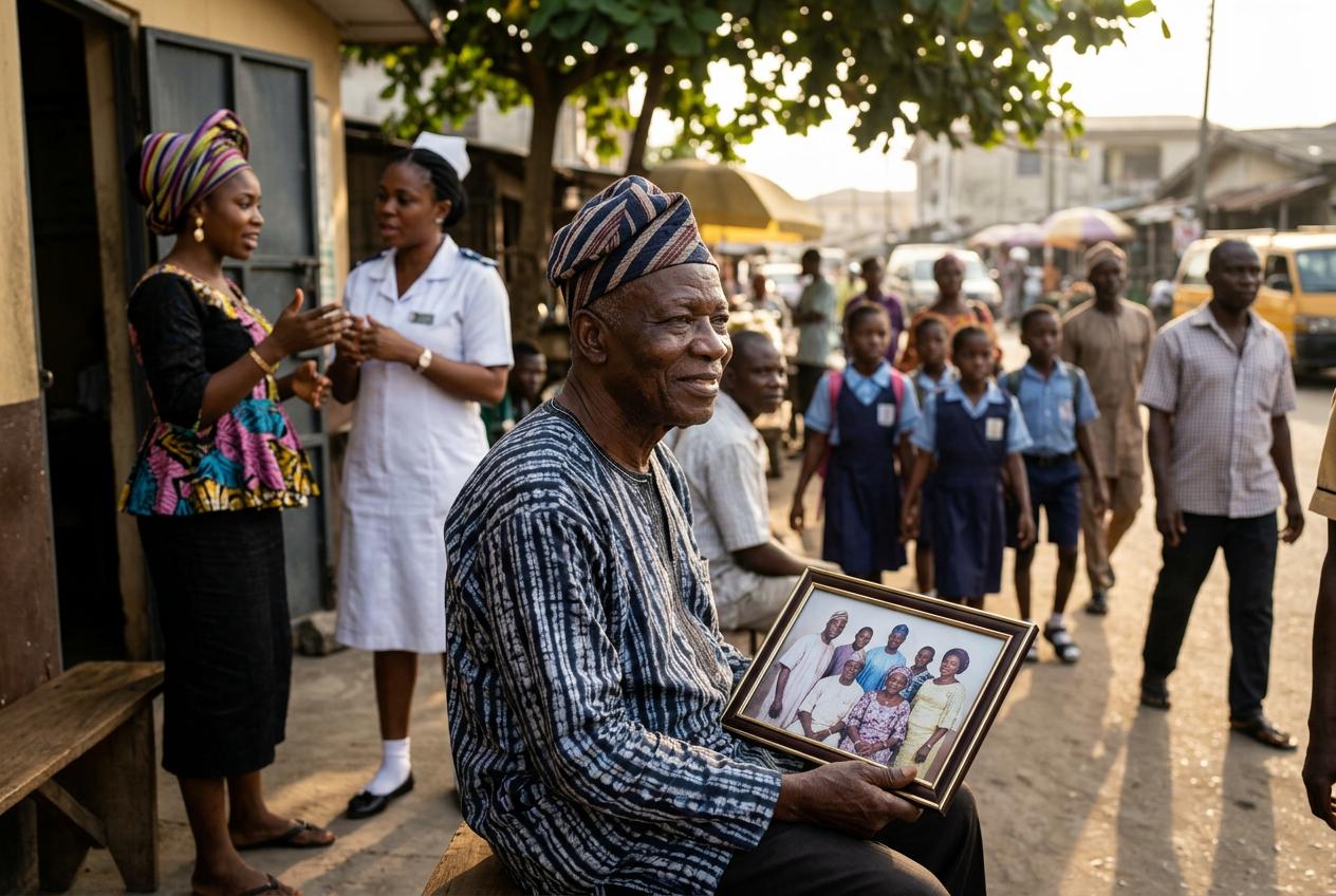 Older Nigerian man holding a family photograph, illustrating longevity and life expectancy in Nigeria