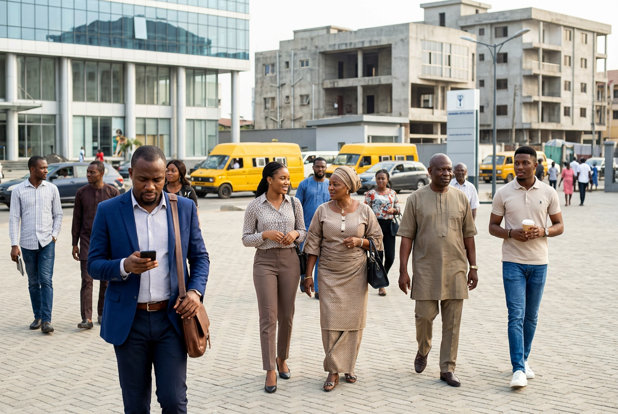 Nigerian working professionals and everyday earners in an urban city center, representing how much the middle class makes and what percentage earns 200k to 500k monthly.